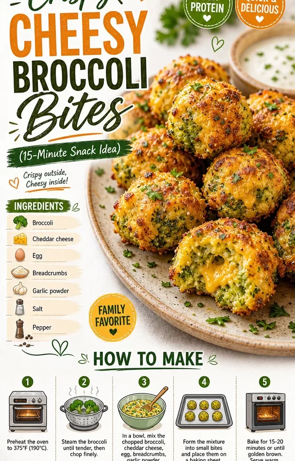 Crispy cheesy broccoli bites served on a plate, perfect 15-minute snack