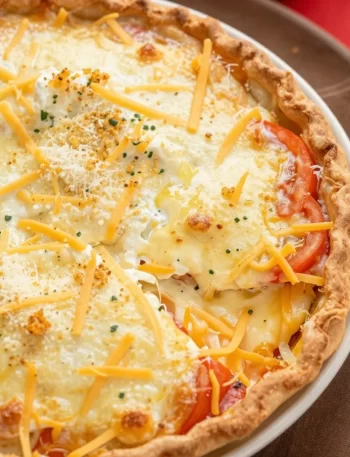 Crispy four-cheese tomato pie topped with crunchy crumbs