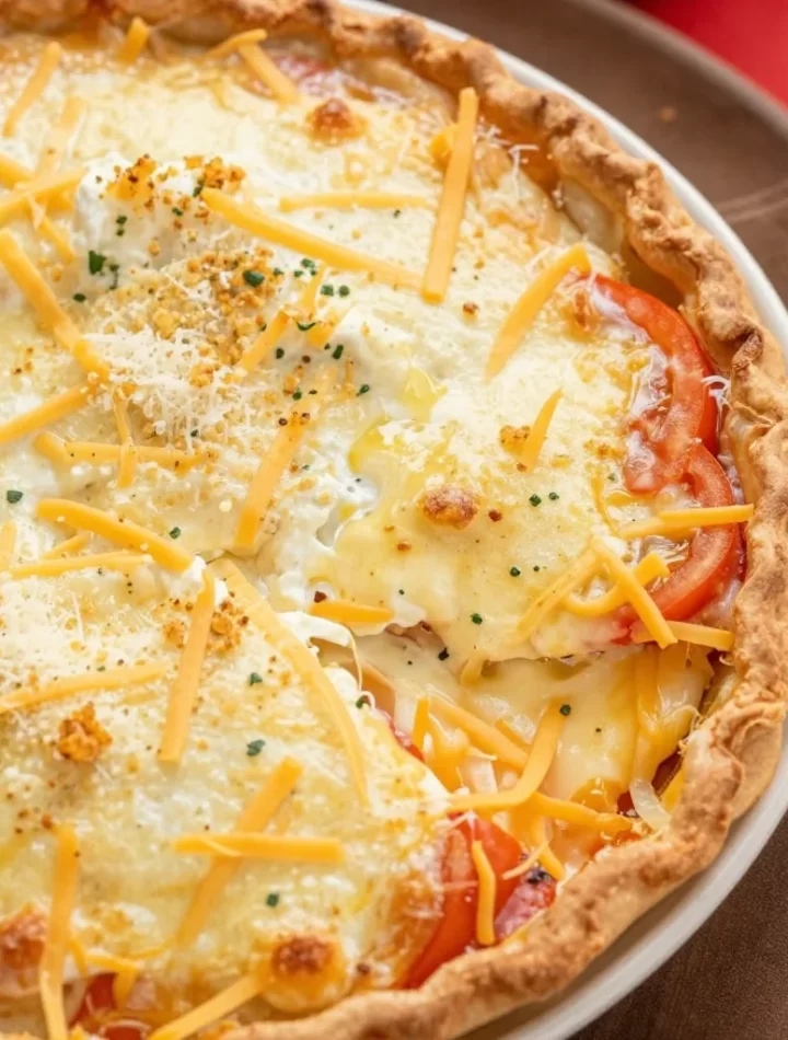 Crispy four-cheese tomato pie topped with crunchy crumbs