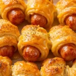 Crispy glazed pigs in a blanket on a serving platter
