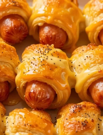 Crispy glazed pigs in a blanket on a serving platter