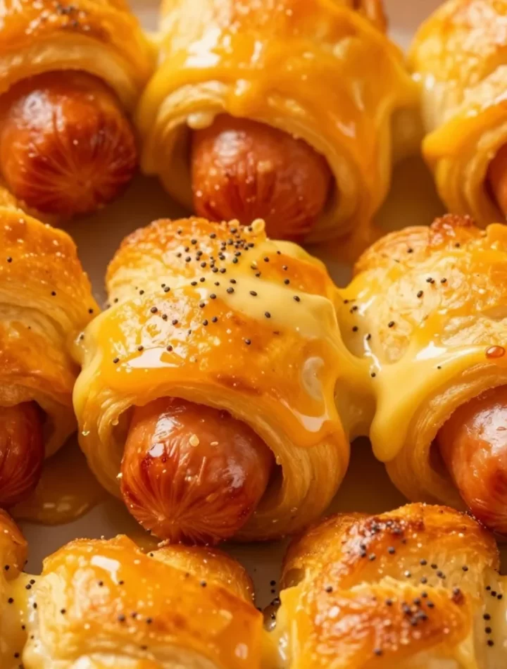 Crispy glazed pigs in a blanket on a serving platter