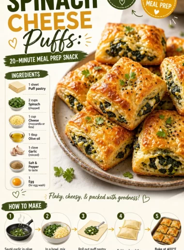 Crispy spinach cheese puffs, a quick delicious snack prepared in 20 minutes.