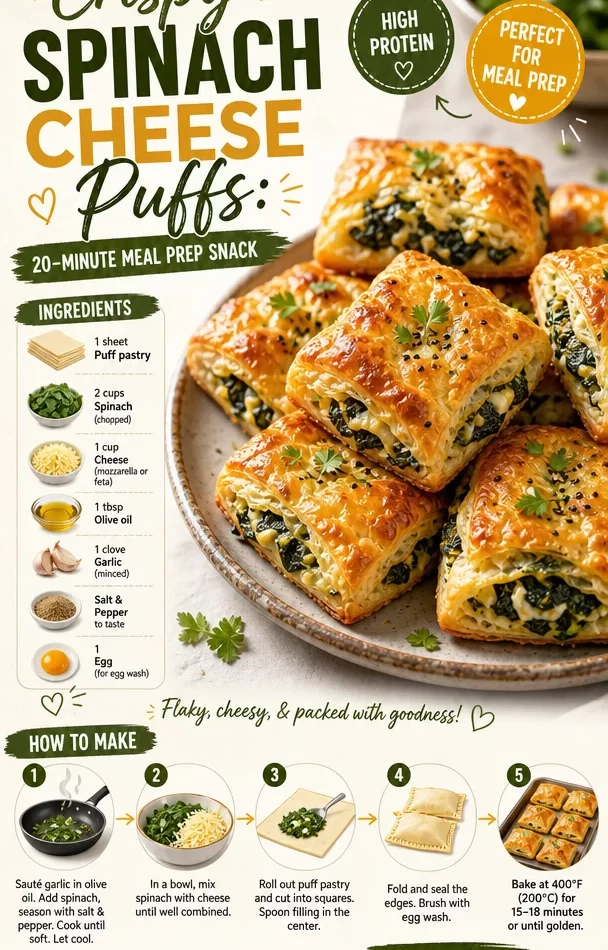 Crispy spinach cheese puffs, a quick delicious snack prepared in 20 minutes.