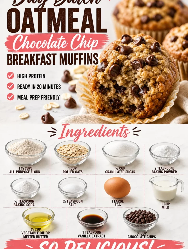 Delicious oatmeal chocolate chip muffins on a wooden table