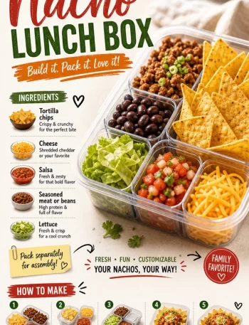Colorful DIY nacho lunch box filled with tortilla chips and toppings