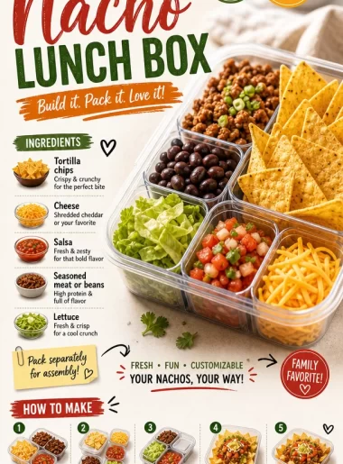 Colorful DIY nacho lunch box filled with tortilla chips and toppings