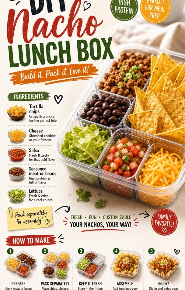Colorful DIY nacho lunch box filled with tortilla chips and toppings