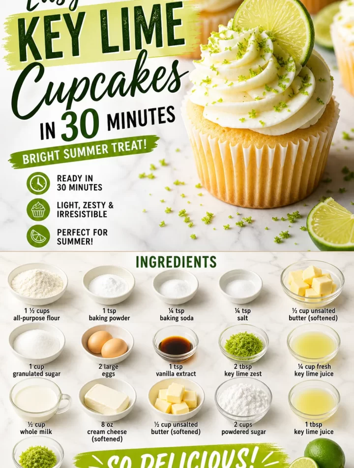 Easy key lime cupcakes topped with lime frosting, a delicious summer dessert.