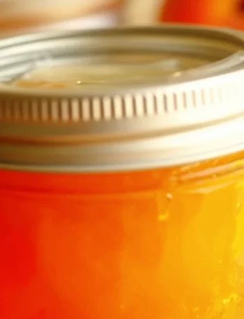Homemade easy peach jam in a jar with fresh peaches and bread.