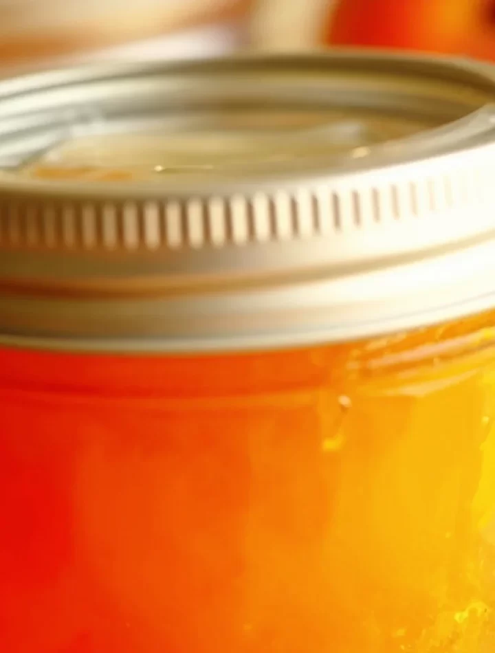 Homemade easy peach jam in a jar with fresh peaches and bread.