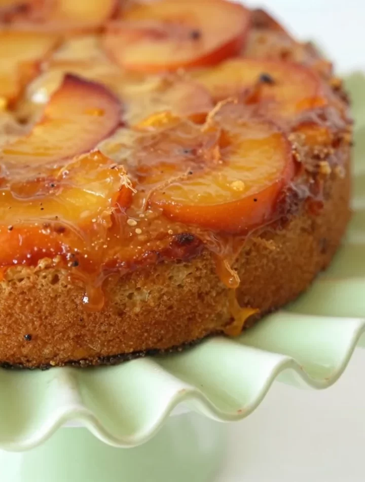 Delicious nectarine upside-down cake served on a plate