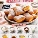 Fluffy vanilla French beignets dusted with powdered sugar on a plate