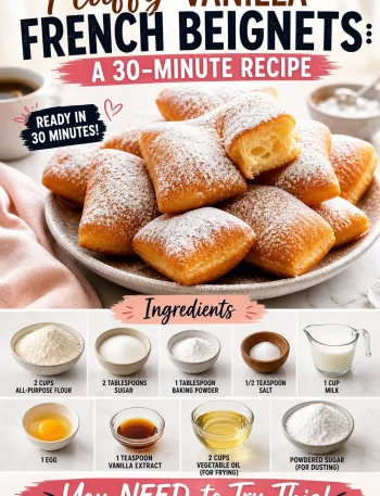 Fluffy vanilla French beignets dusted with powdered sugar on a plate