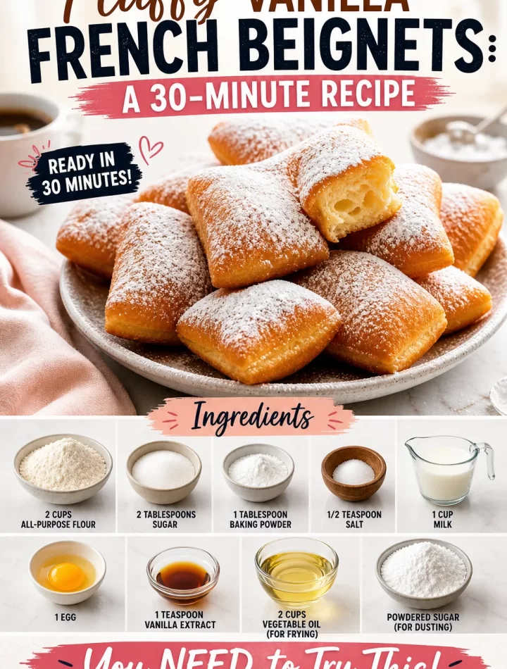 Fluffy vanilla French beignets dusted with powdered sugar on a plate