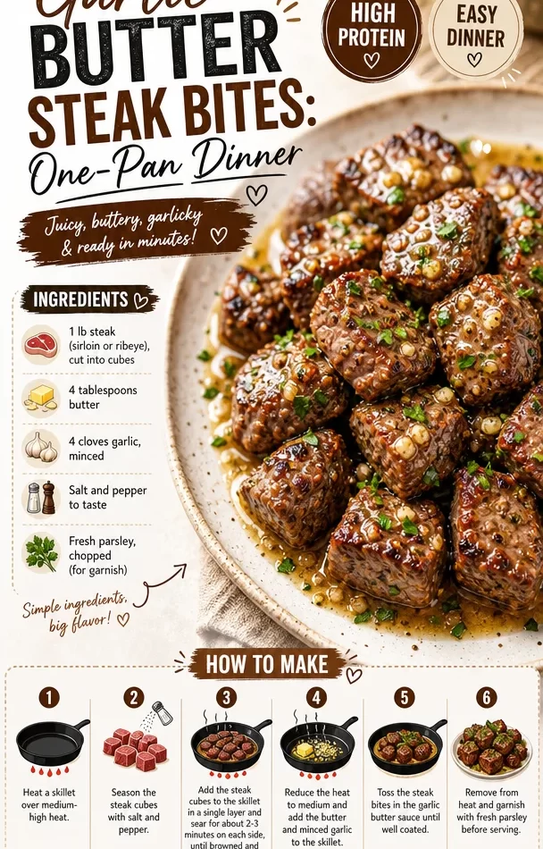 Delicious Garlic Butter Steak Bites served in a skillet.