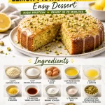 Gluten-free lemon pistachio cake served on a plate with a slice cut out.