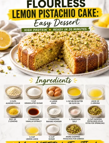 Gluten-free lemon pistachio cake served on a plate with a slice cut out.