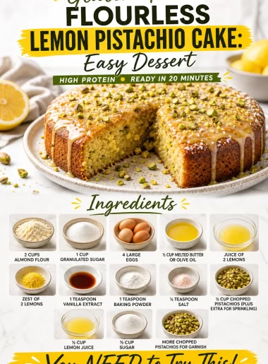 Gluten-free lemon pistachio cake served on a plate with a slice cut out.