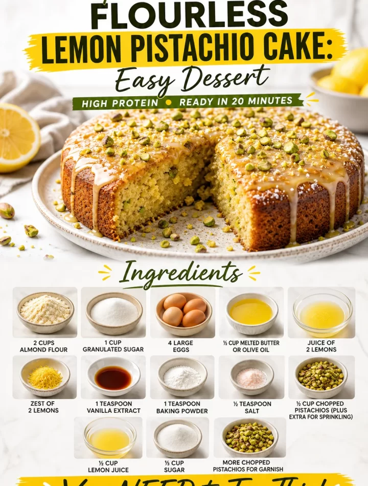 Gluten-free lemon pistachio cake served on a plate with a slice cut out.
