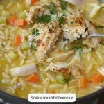 Bowl of Greek Lemon Chicken Soup (Avgolemono) garnished with lemon slices and herbs