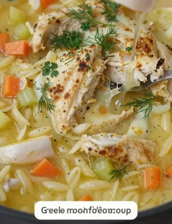 Bowl of Greek Lemon Chicken Soup (Avgolemono) garnished with lemon slices and herbs