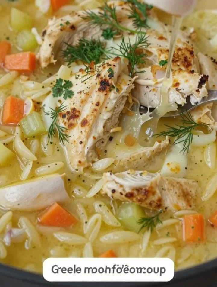 Bowl of Greek Lemon Chicken Soup (Avgolemono) garnished with lemon slices and herbs