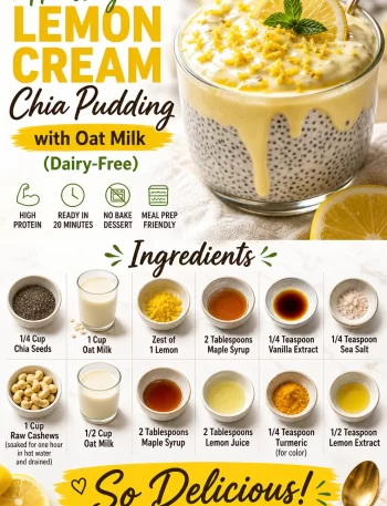 Healthy lemon cream chia pudding with oat milk in a glass bowl