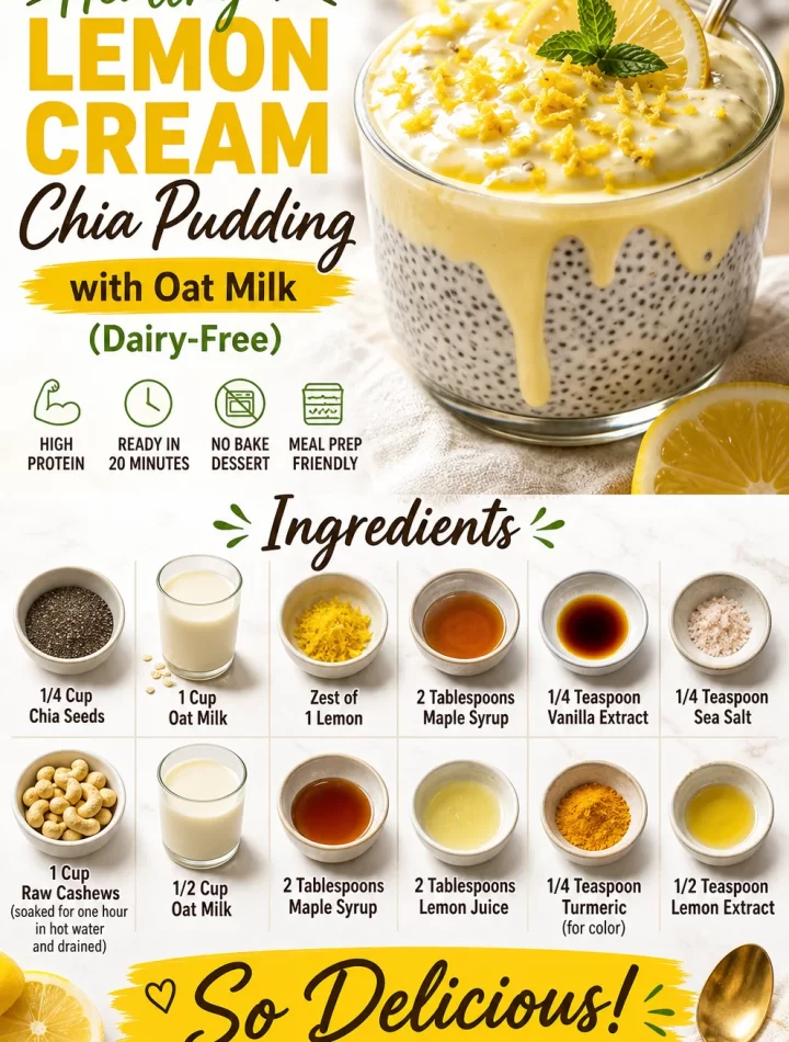 Healthy lemon cream chia pudding with oat milk in a glass bowl