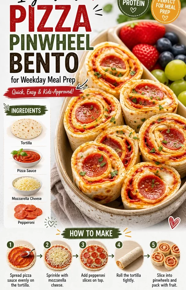 Colorful ingredient pizza pinwheel bento box for meal prep