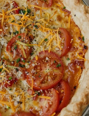 Slice of Kentucky Tomato Pie served with fresh herbs and a crispy crust