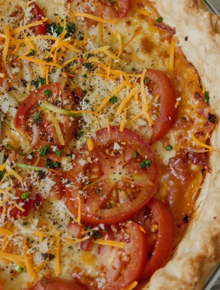 Slice of Kentucky Tomato Pie served with fresh herbs and a crispy crust
