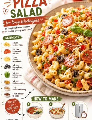 Delicious Macaroni Pizza Salad served in a bowl, perfect for weeknight dinners