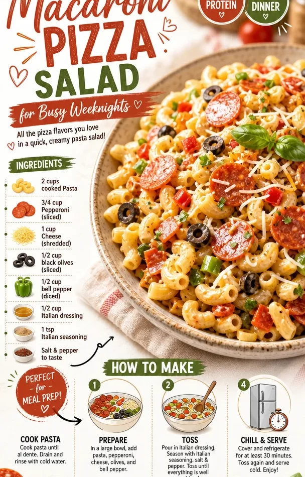 Delicious Macaroni Pizza Salad served in a bowl, perfect for weeknight dinners