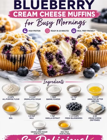 Make-ahead blueberry cream cheese muffins for breakfast on busy mornings.