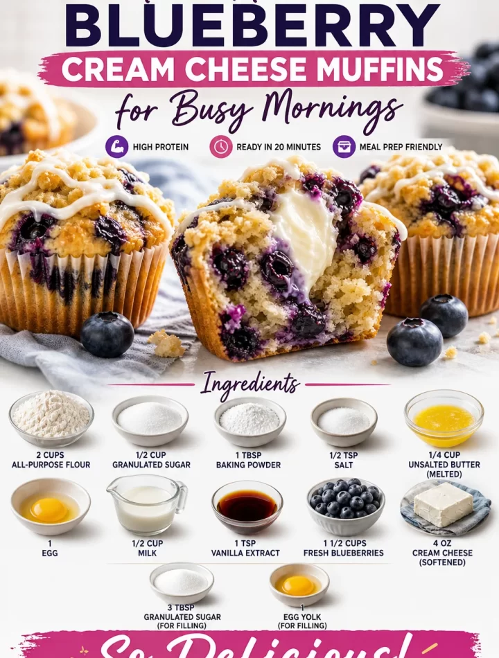 Make-ahead blueberry cream cheese muffins for breakfast on busy mornings.