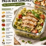 Meal-prep Chicken Pesto Pasta box lunches in clear containers for easy transport