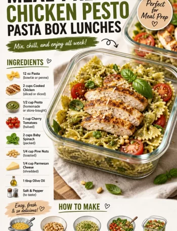 Meal-prep Chicken Pesto Pasta box lunches in clear containers for easy transport