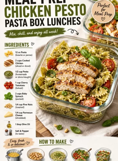 Meal-prep Chicken Pesto Pasta box lunches in clear containers for easy transport
