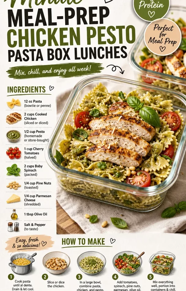 Meal-prep Chicken Pesto Pasta box lunches in clear containers for easy transport