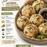 Colorful rice ball bento box with various fillings and sides for a healthy lunch.