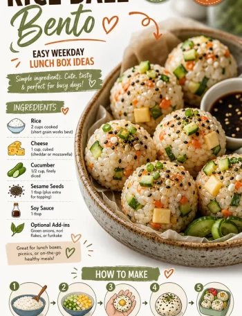 Colorful rice ball bento box with various fillings and sides for a healthy lunch.