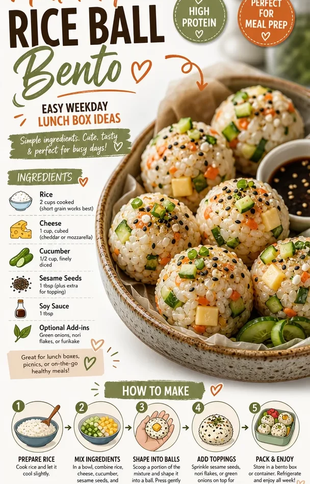Colorful rice ball bento box with various fillings and sides for a healthy lunch.