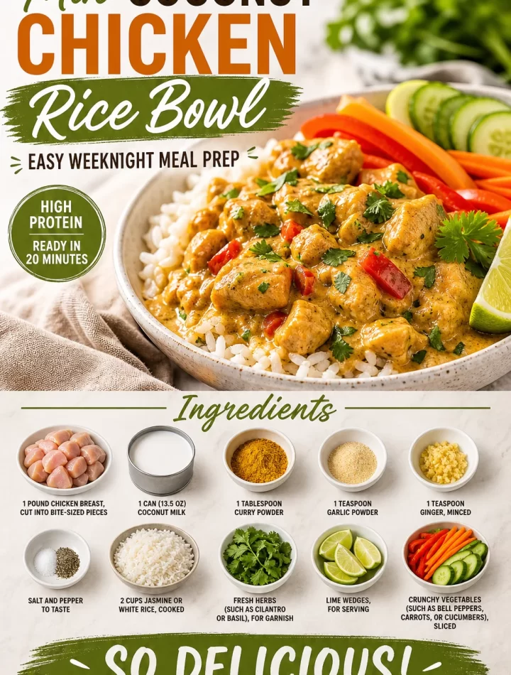 Min Coconut Chicken Rice Bowl recipe for easy weeknight meal prep