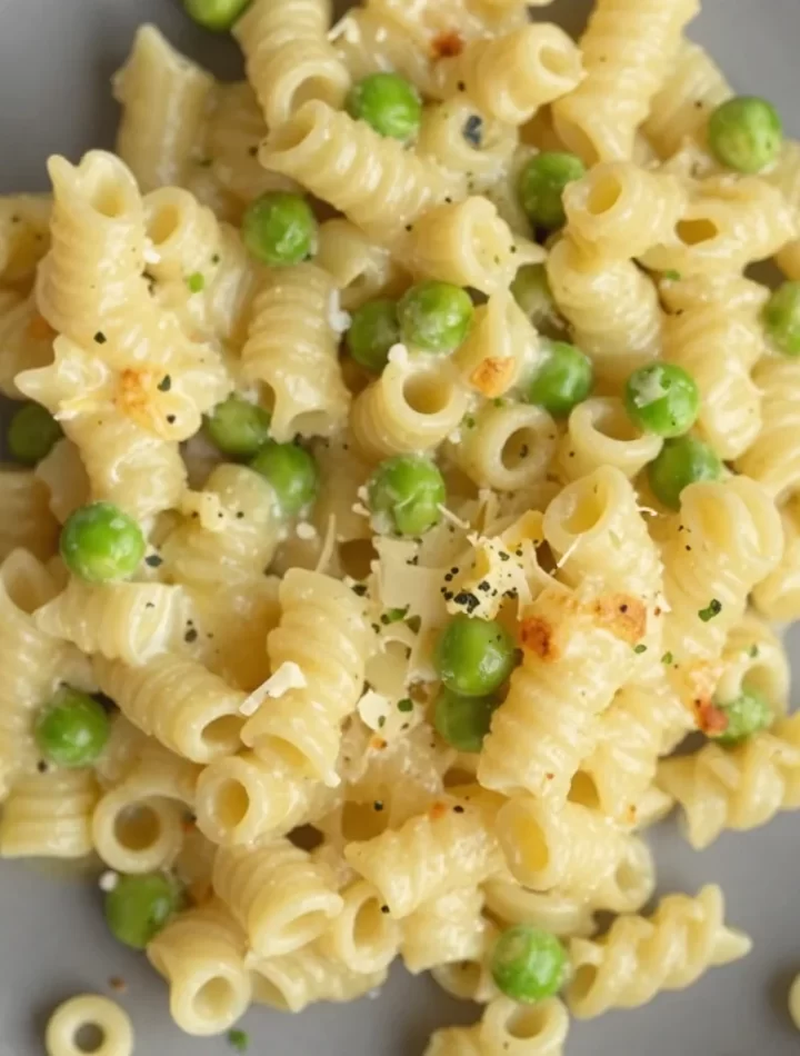 Creamy parmesan pea pasta dish served with fresh peas and cheese
