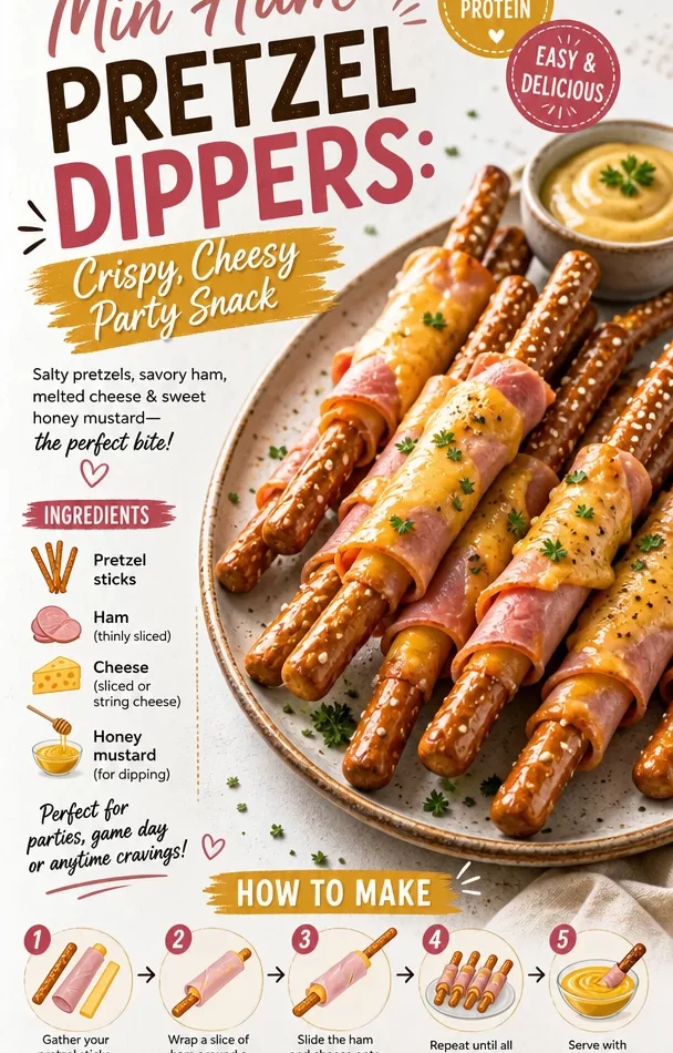 Crispy and cheesy Min Ham Pretzel Dippers served as a party snack