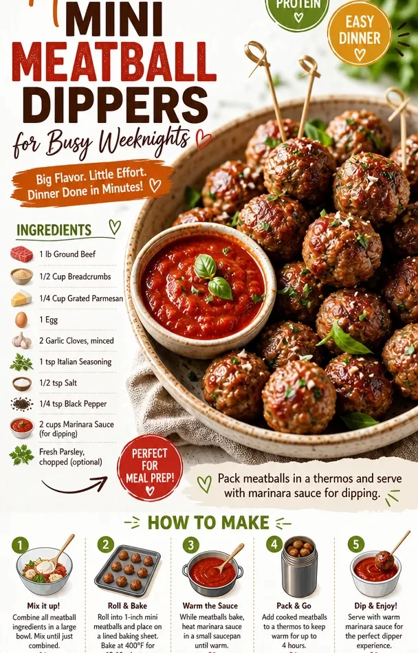 Plate of mini meatball dippers served with dipping sauce for easy weeknight meals.