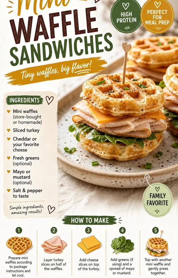 Plate of mini waffle sandwiches with a variety of fillings and toppings