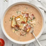 Bowl of creamy BLT soup topped with crispy bacon, lettuce, and tomatoes.