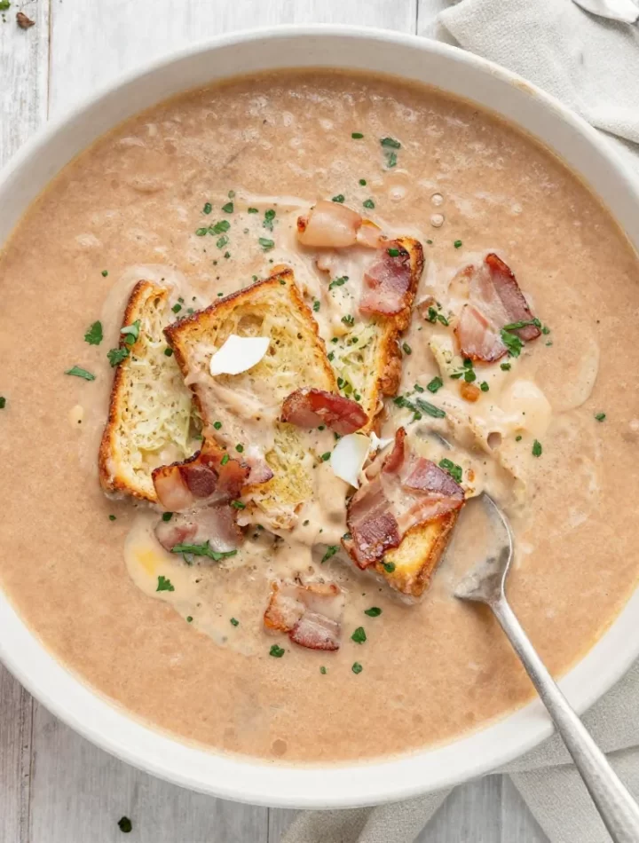 Bowl of creamy BLT soup topped with crispy bacon, lettuce, and tomatoes.